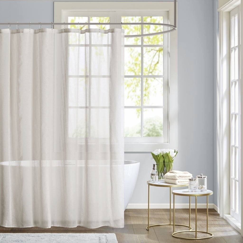 Ivory Sheer Striped Fabric Shower Curtain with Liner