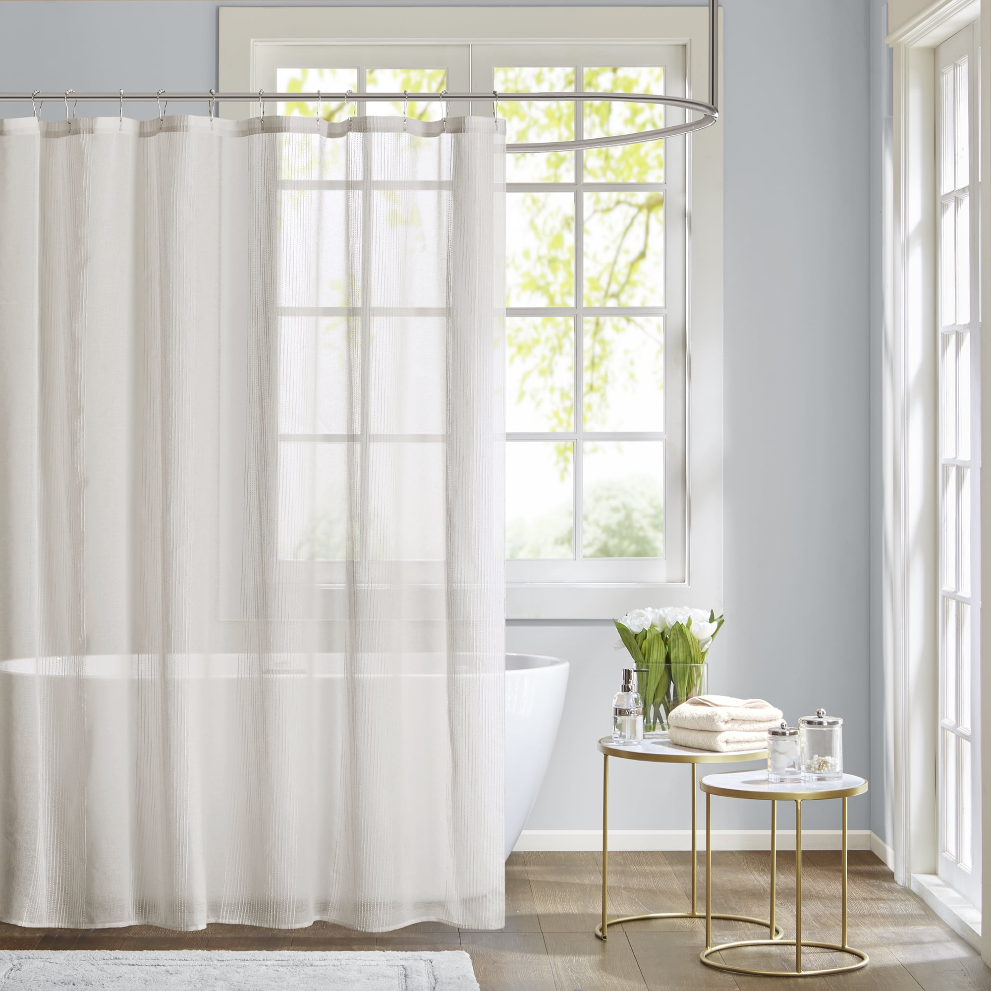 Ivory Sheer Striped Fabric Shower Curtain with Liner
