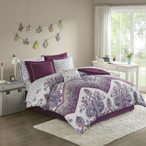 Home Essence Apartment Allura 7 Piece Paisley Complete Comforter Set, Purple, Twin