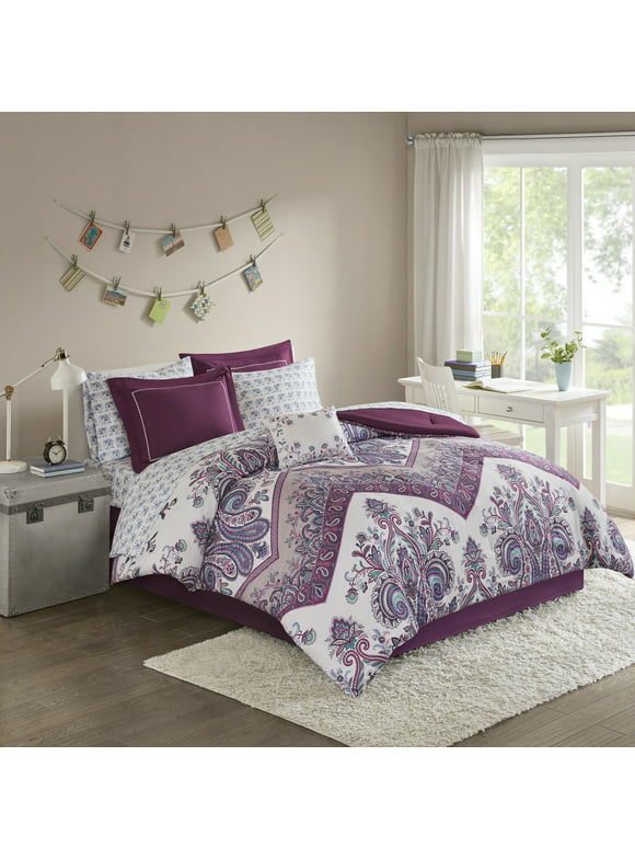 Home Essence Apartment Allura 7 Piece Paisley Complete Comforter Set, Purple, Twin
