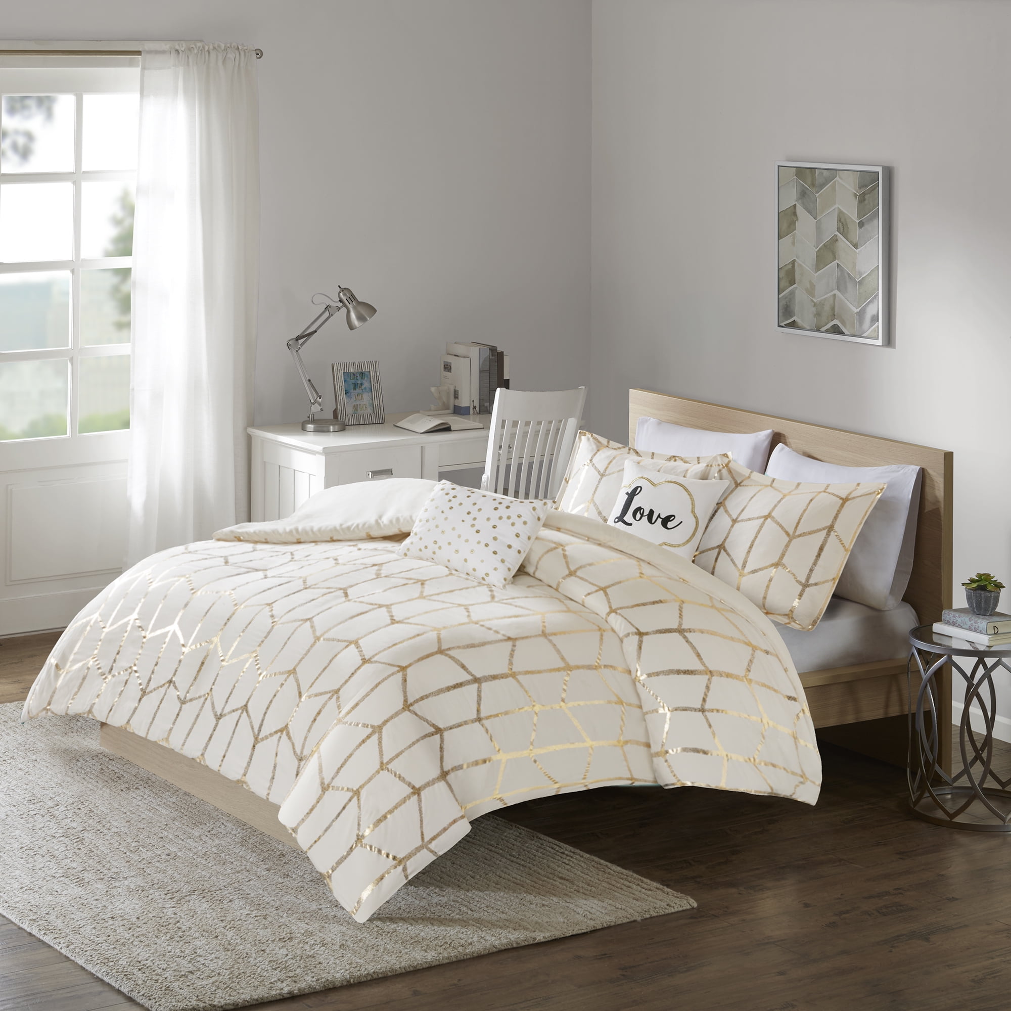 Ivory and Gold Geometric Metallic Print Twin Duvet Cover Set