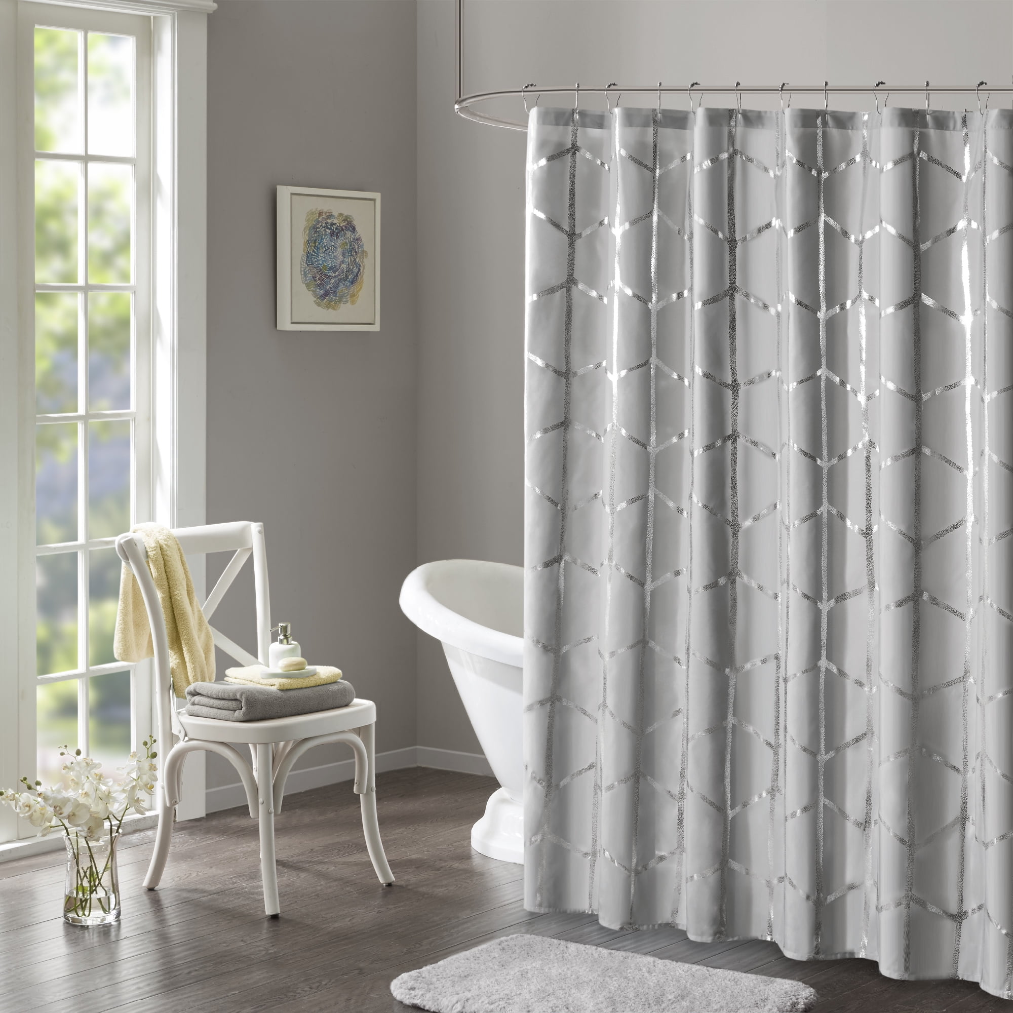Gray and Silver Geometric Metallic Print Shower Curtain