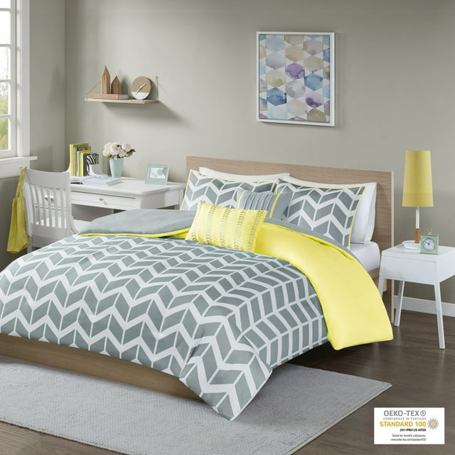 Home Essence Apartment Darcy Yellow Chevron 4 Piece Duvet Cover Set, Twin/Twin-XL