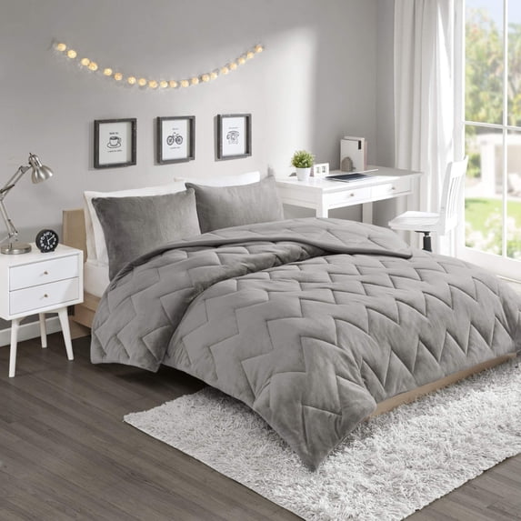 Home Essence Apartment Jasper Solid Chevron Quilted Reversible Microfiber to Cozy Plush Comforter Mini Set, Full/Queen, Grey