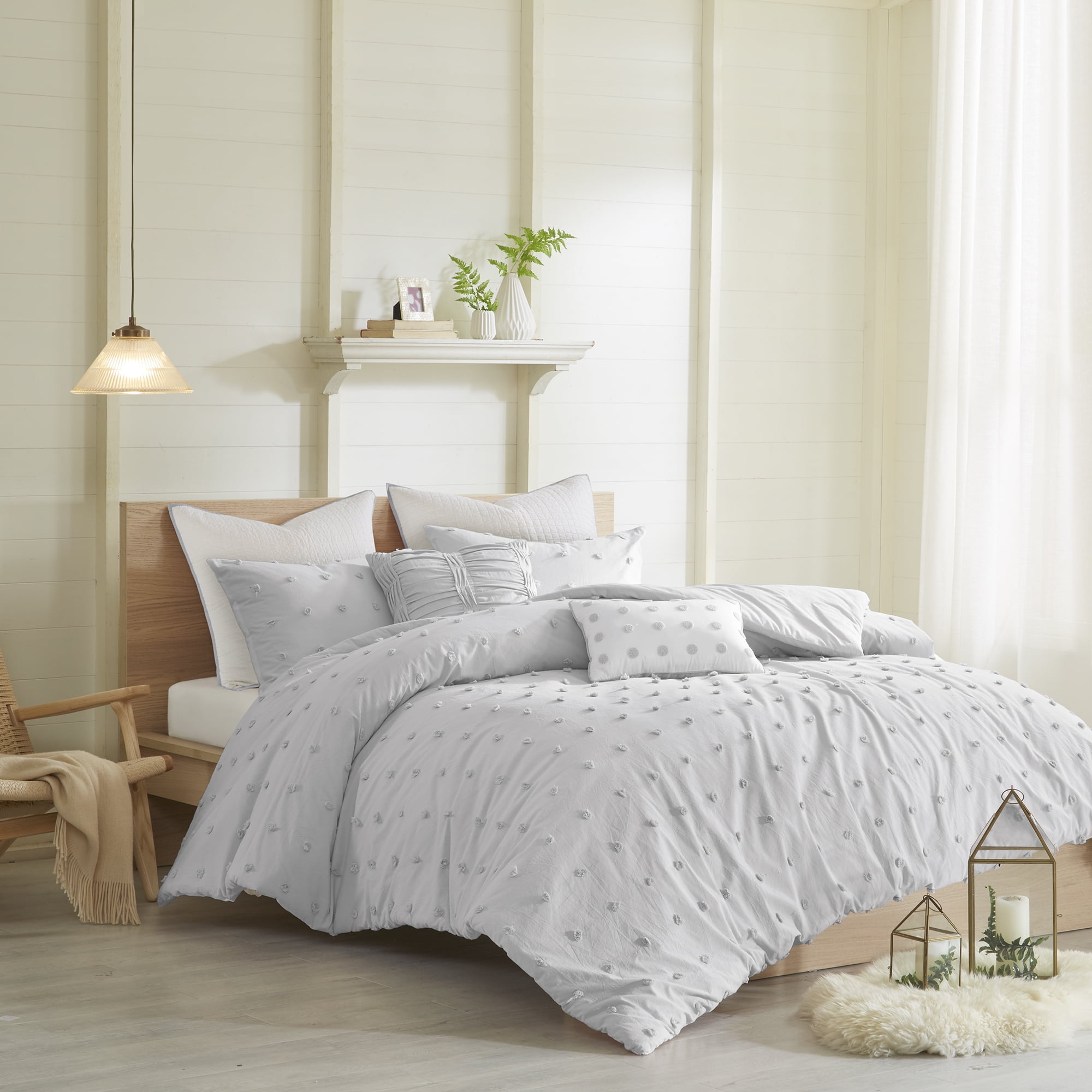 Gray Cotton Jacquard King/Cal King Duvet Cover Set with Shams and Pillows
