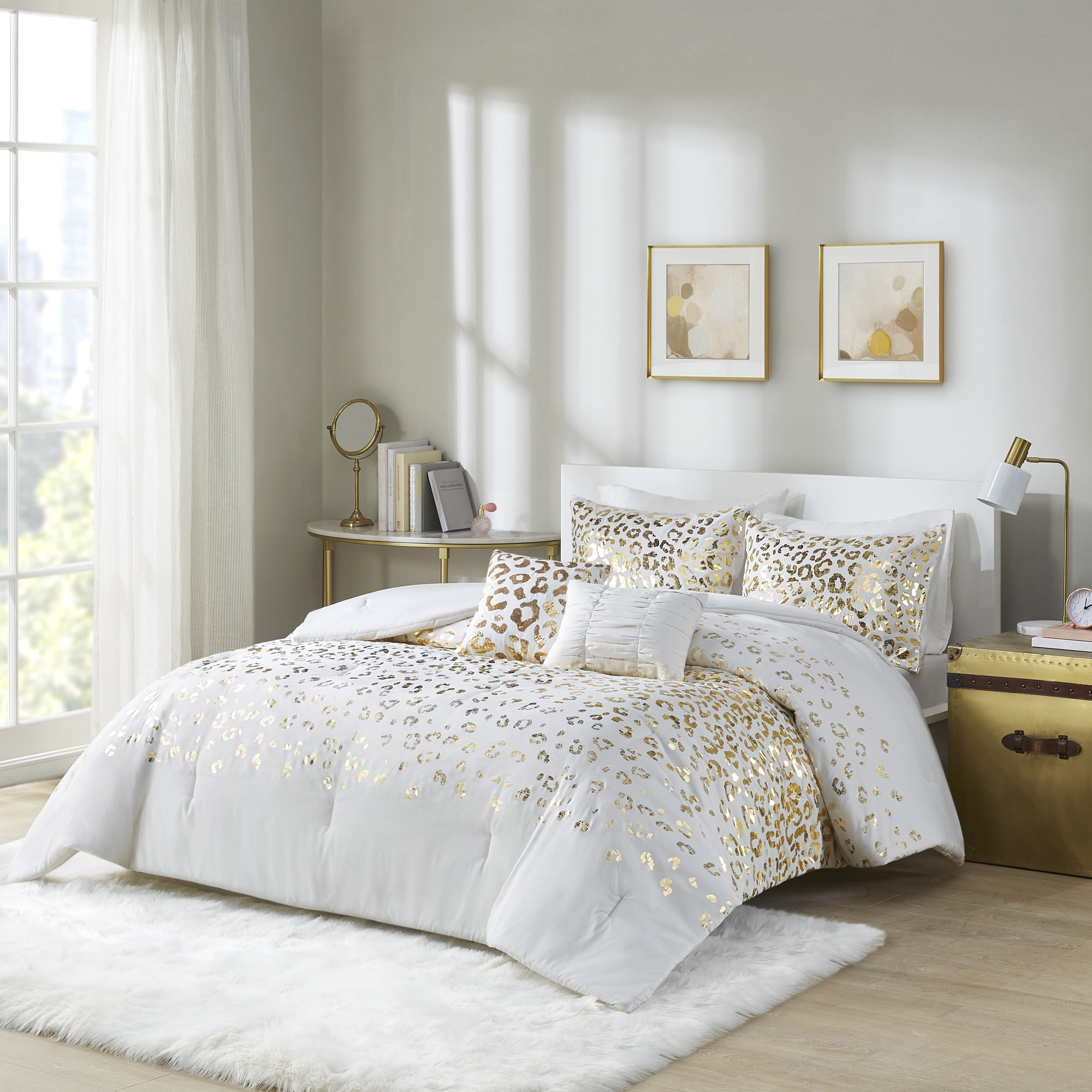 Ivory and Gold Microfiber Leopard Print Comforter Set