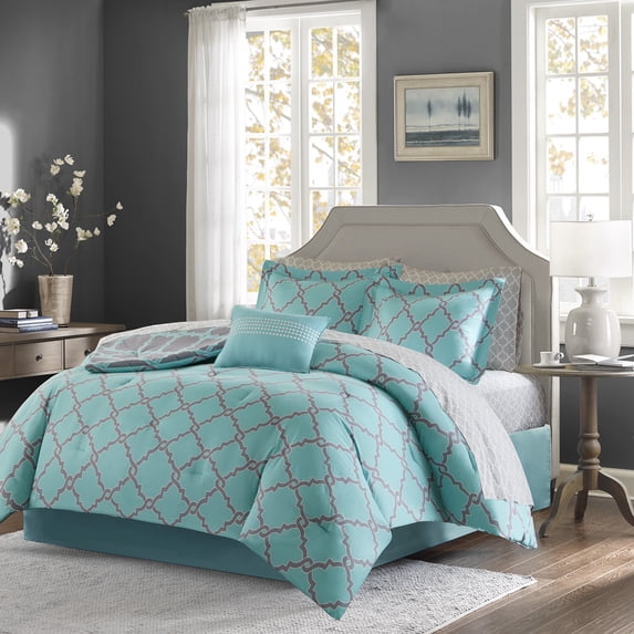 Home Essence Aqua & Grey 9 Piece Bed in a Bag Comforter Set with Sheets, Full