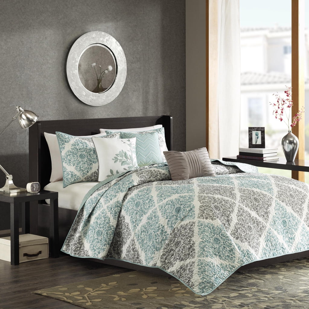 Aqua and Gray Reversible Microfiber Full Quilt Set with Shams