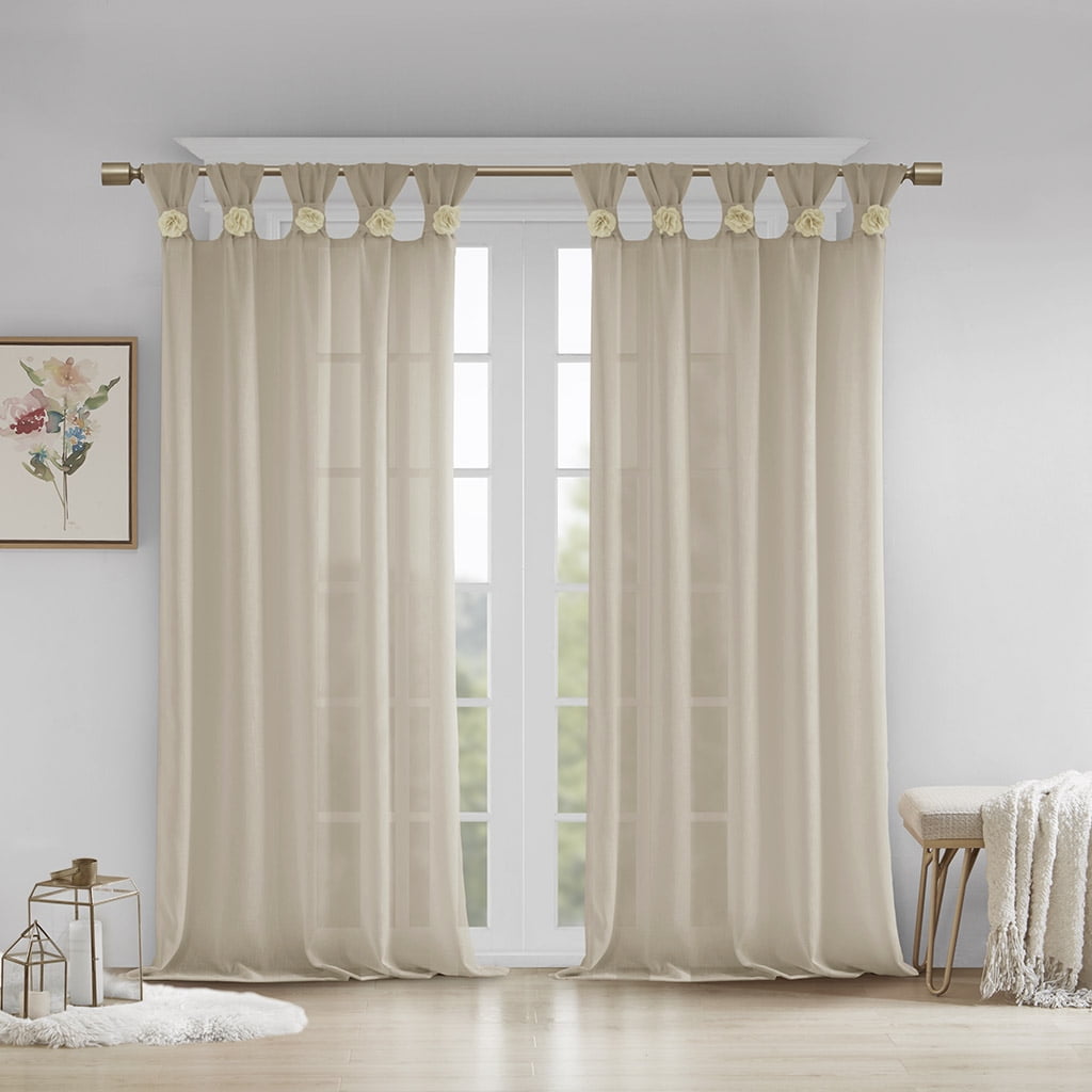 Linen Tab Top Sheer Curtain Panel with Floral Embellishments