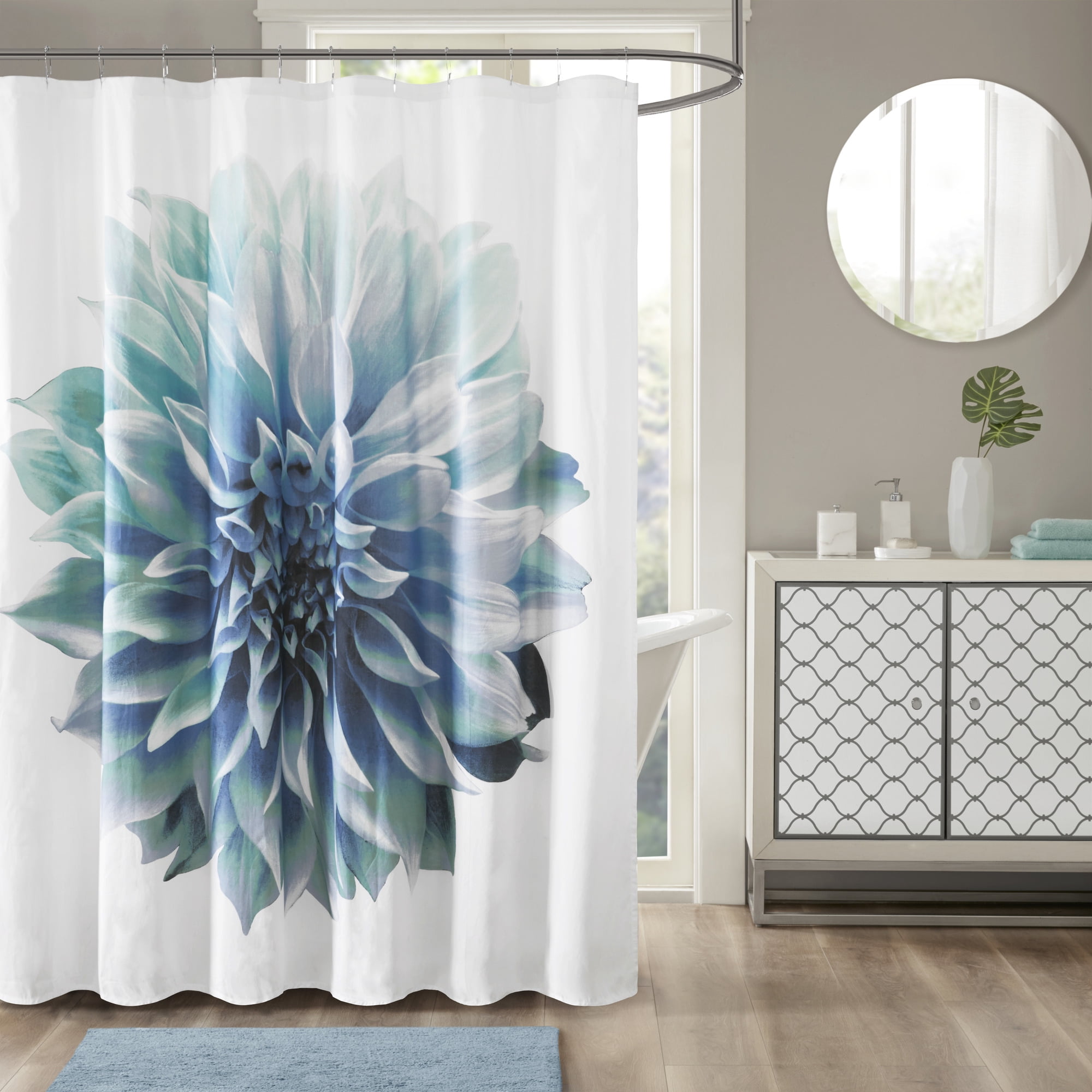 Aqua Blossom Print Cotton Shower Curtain