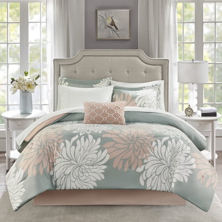 Madison Park Twin Size 7 Piece Comforter Set with Cotton Bed Sheets Blush,Bed in a Bag,All Season Bed Set,Cozy and Lightweight