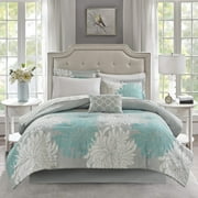 Madison Park Cal King Size 9 Piece Comforter Set with Cotton Bed Sheets Aqua,Bed in a Bag,All Season Bed Set,Cozy and Lightweight