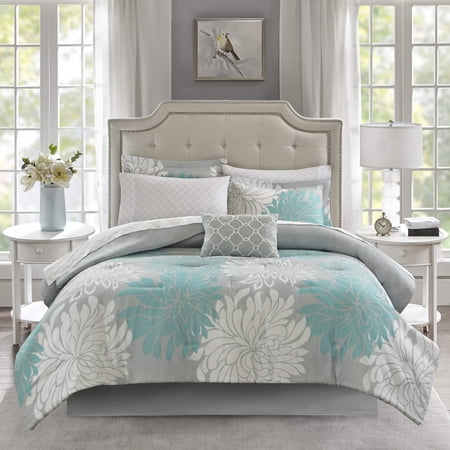 Madison Park Cal King Size 9 Piece Comforter Set with Cotton Bed Sheets Aqua,Bed in a Bag,All Season Bed Set,Cozy and Lightweight