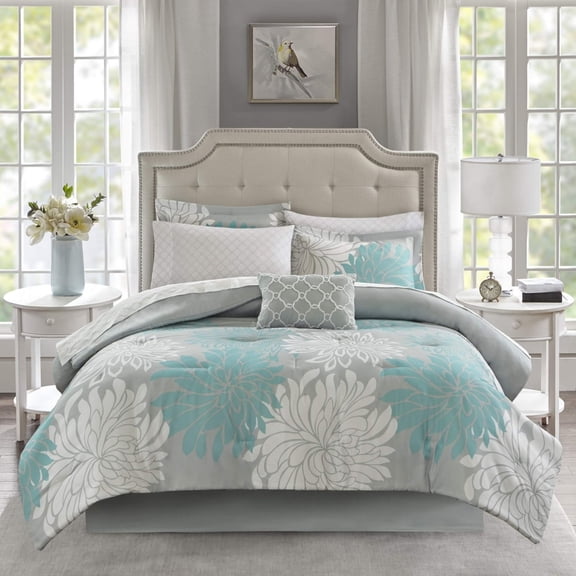 Home Essence Calla 9-Piece Aqua Comforter Set with 100% Cotton Bed Sheet, King