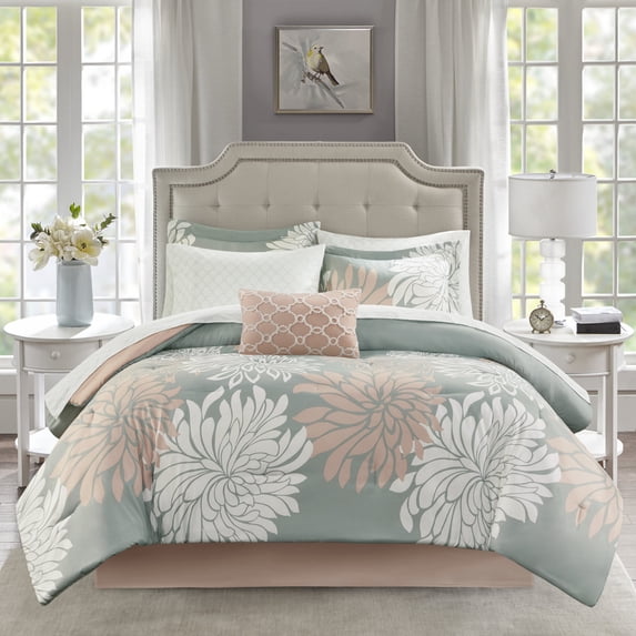 Home Essence Calla 9-Piece Comforter Set with 100% Cotton Bed Sheet, Blush/Grey, Cal King