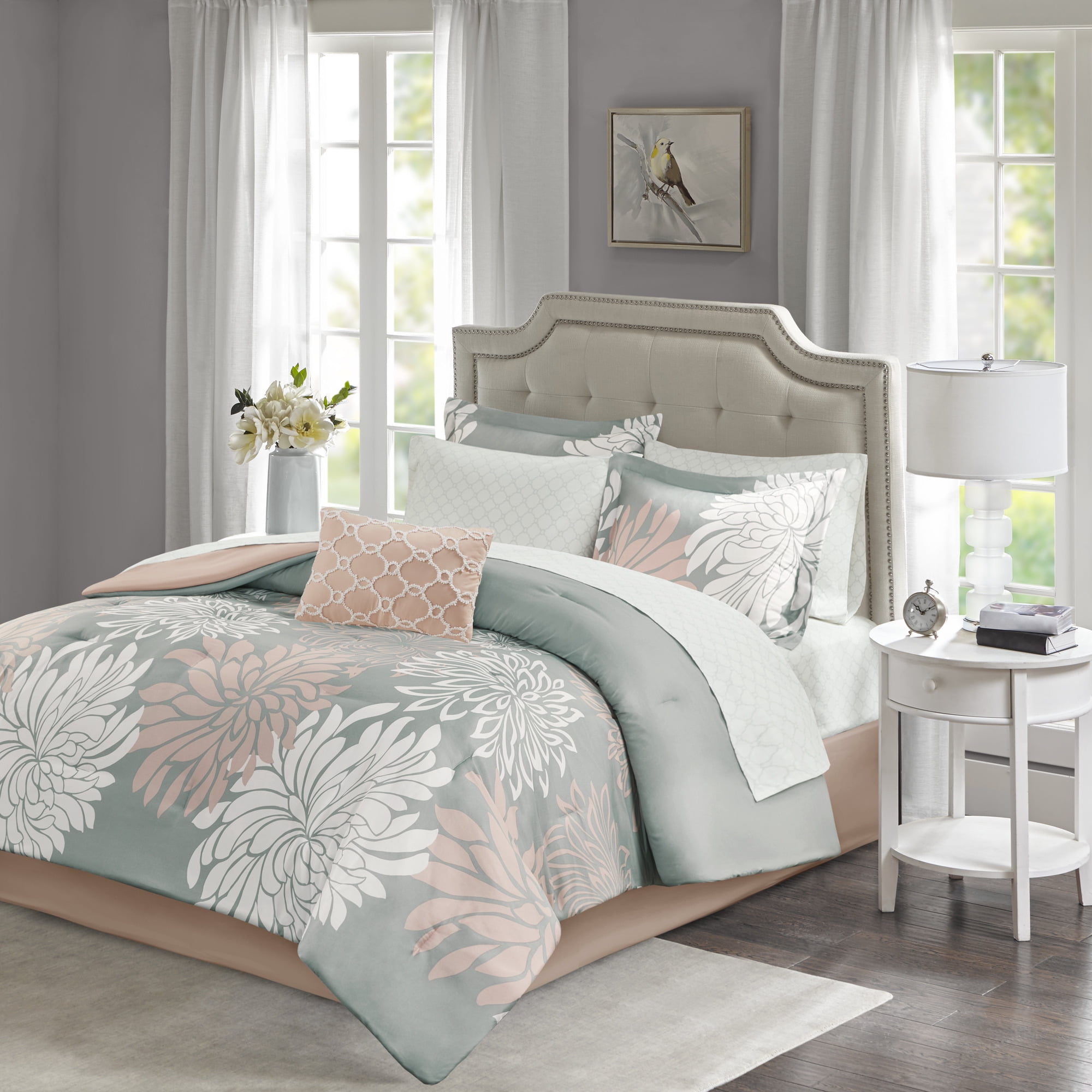 Gray and Blush Floral Queen Microfiber Comforter Set