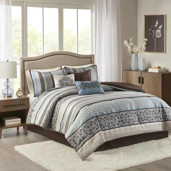 Home Essence Cambridge 7 Piece Jacquard Comforter Set, Blue, Queen