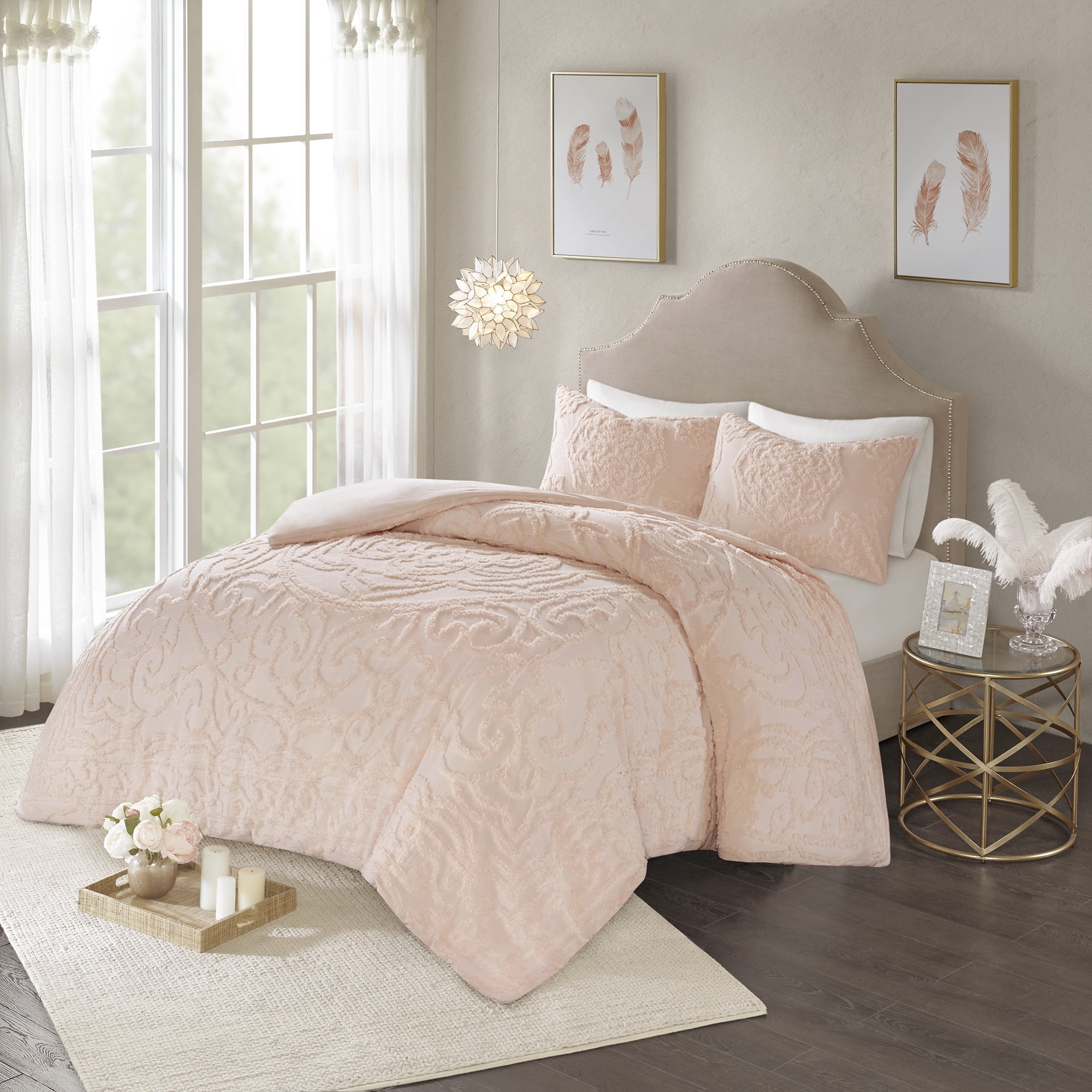 Blush Tufted Cotton Chenille Medallion King/Cal King Duvet Set
