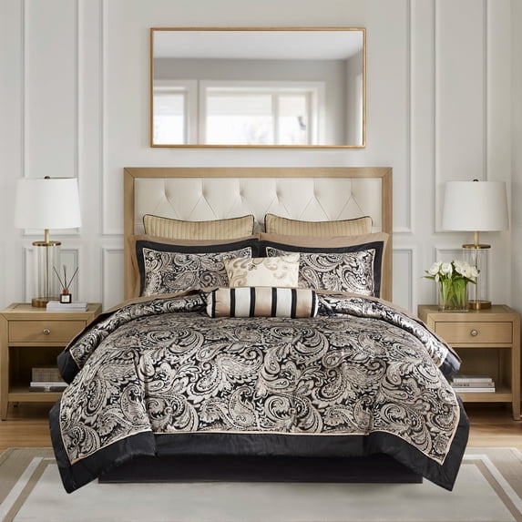Home Essence Charlotte 12 Piece Black Bedding Comforter Set with 100% Cotton Sheets, Full