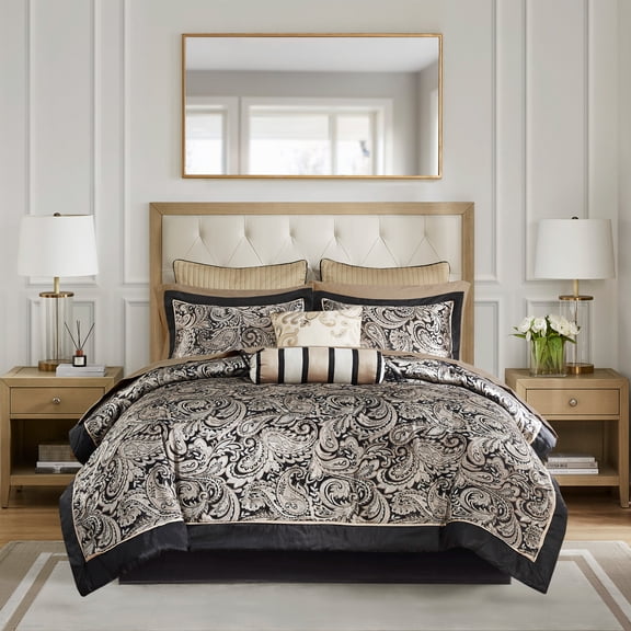 Madison Park Queen Size 12 Piece Comforter Set with Cotton Bed Sheets Black,Bed in a Bag,All Season Bed Set,Cozy and Lightweight
