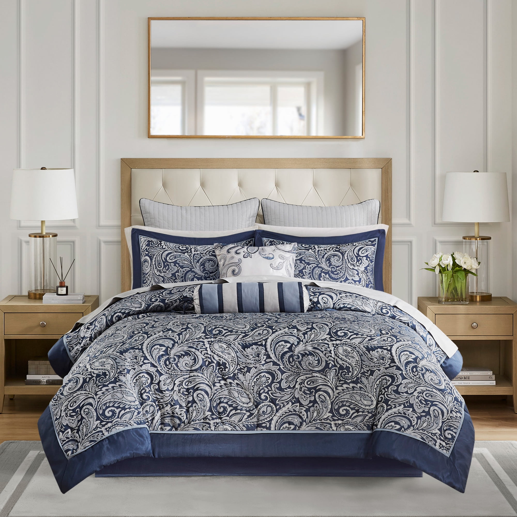 Navy Jacquard Cotton Queen 12-Piece Bedding Set