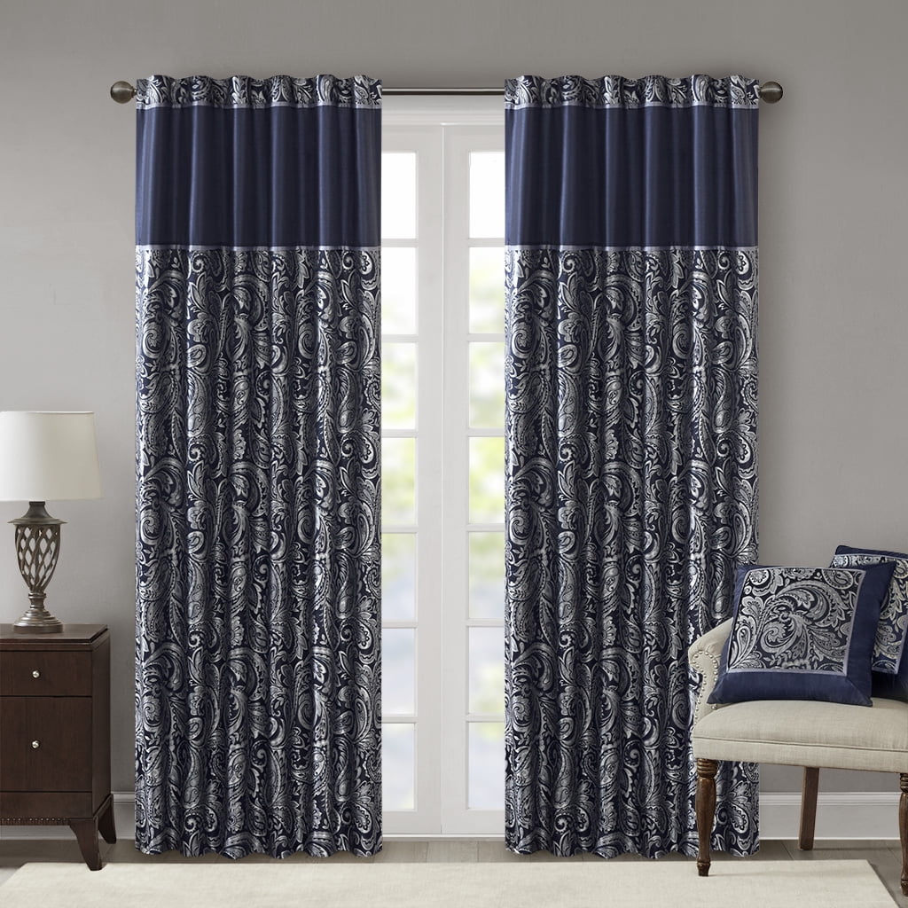 Navy Faux Silk Paisley Jacquard Curtain Panel Pair