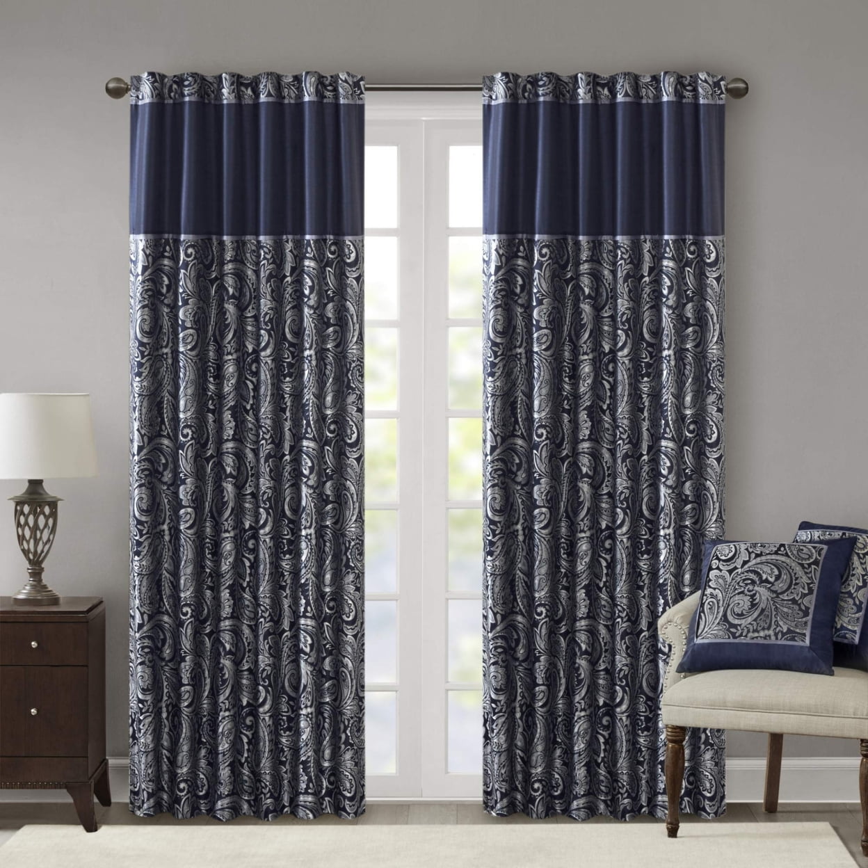 Navy Faux Silk Paisley Jacquard Curtain Panel Pair