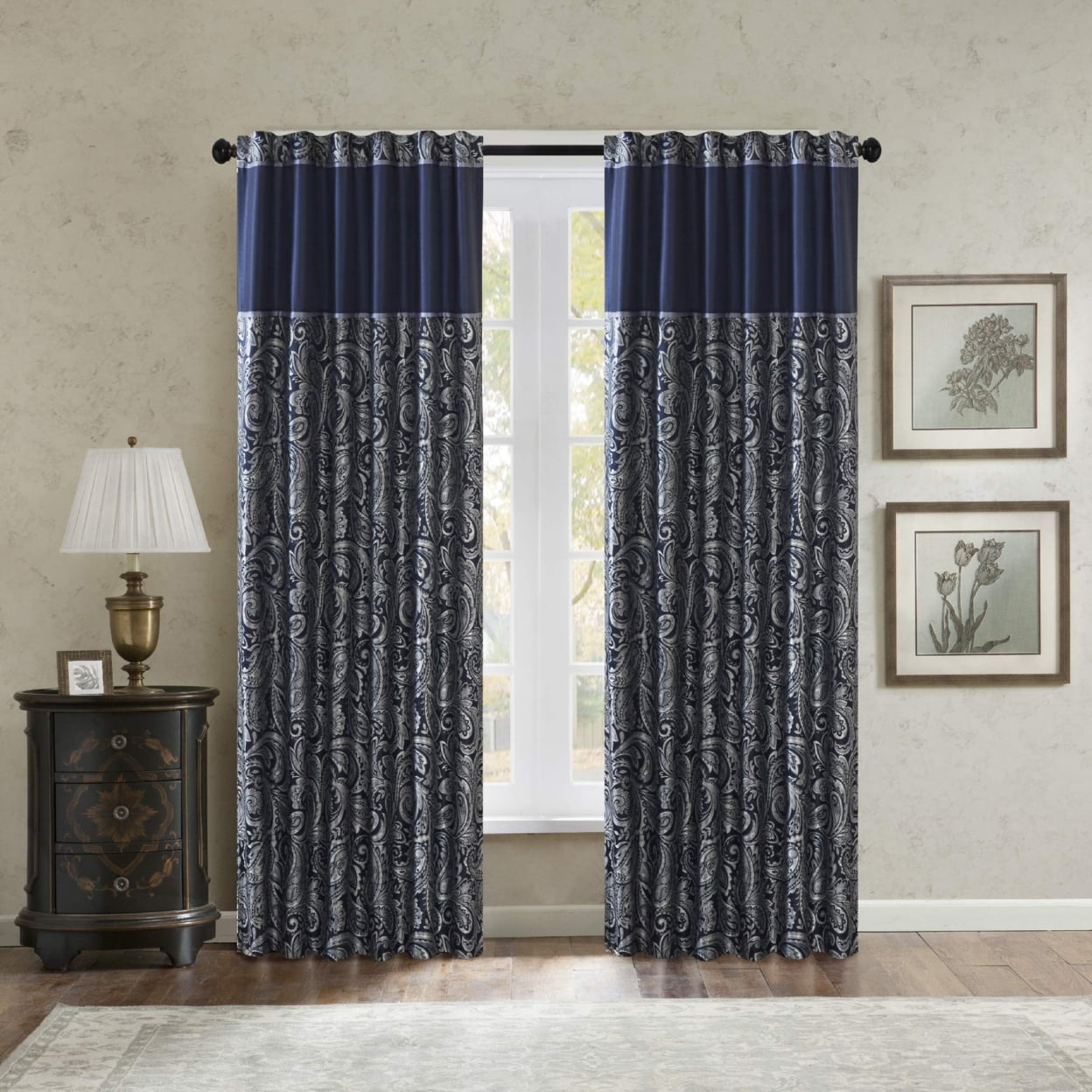 Navy Faux Silk Paisley Jacquard Light-Filtering Drapes, 50"x84"