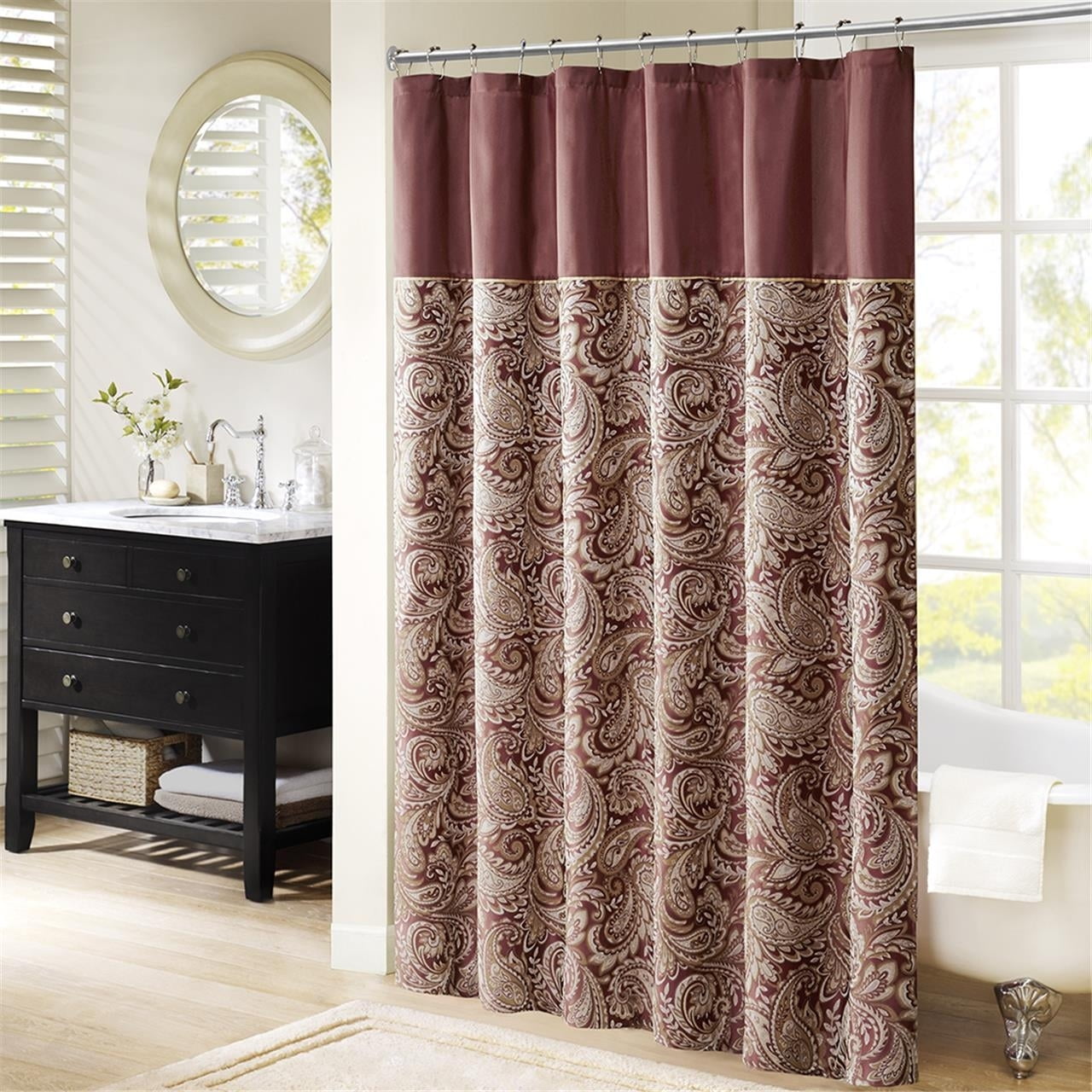 Burgundy Paisley Jacquard Shower Curtain with Solid Panel