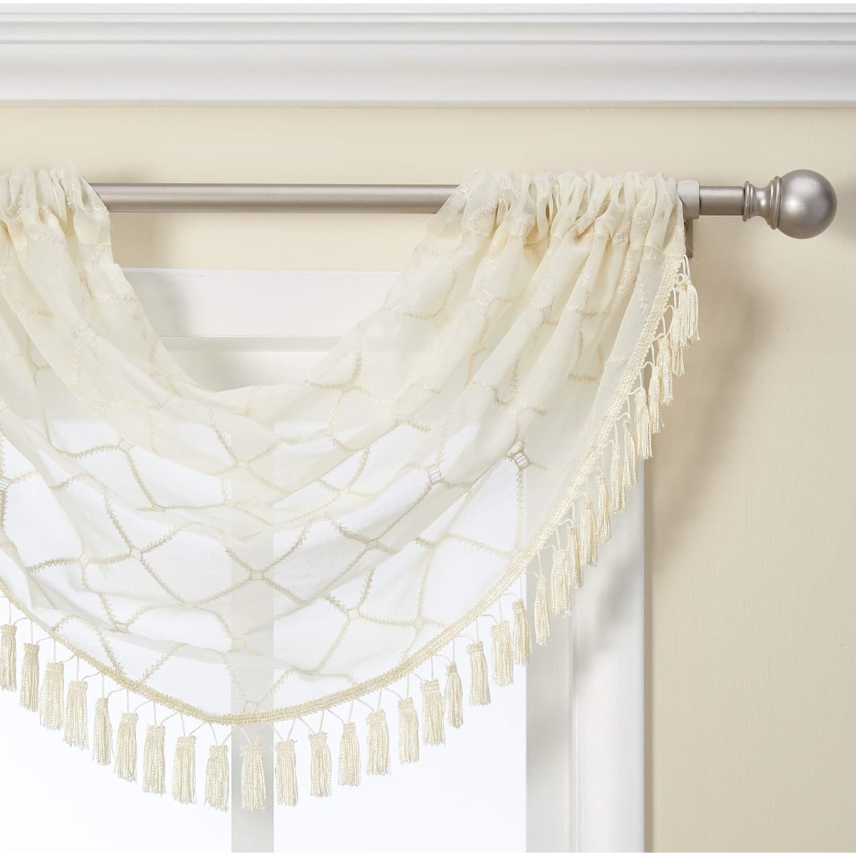 Ivory Sheer Embroidered Waterfall Valance with Tassels