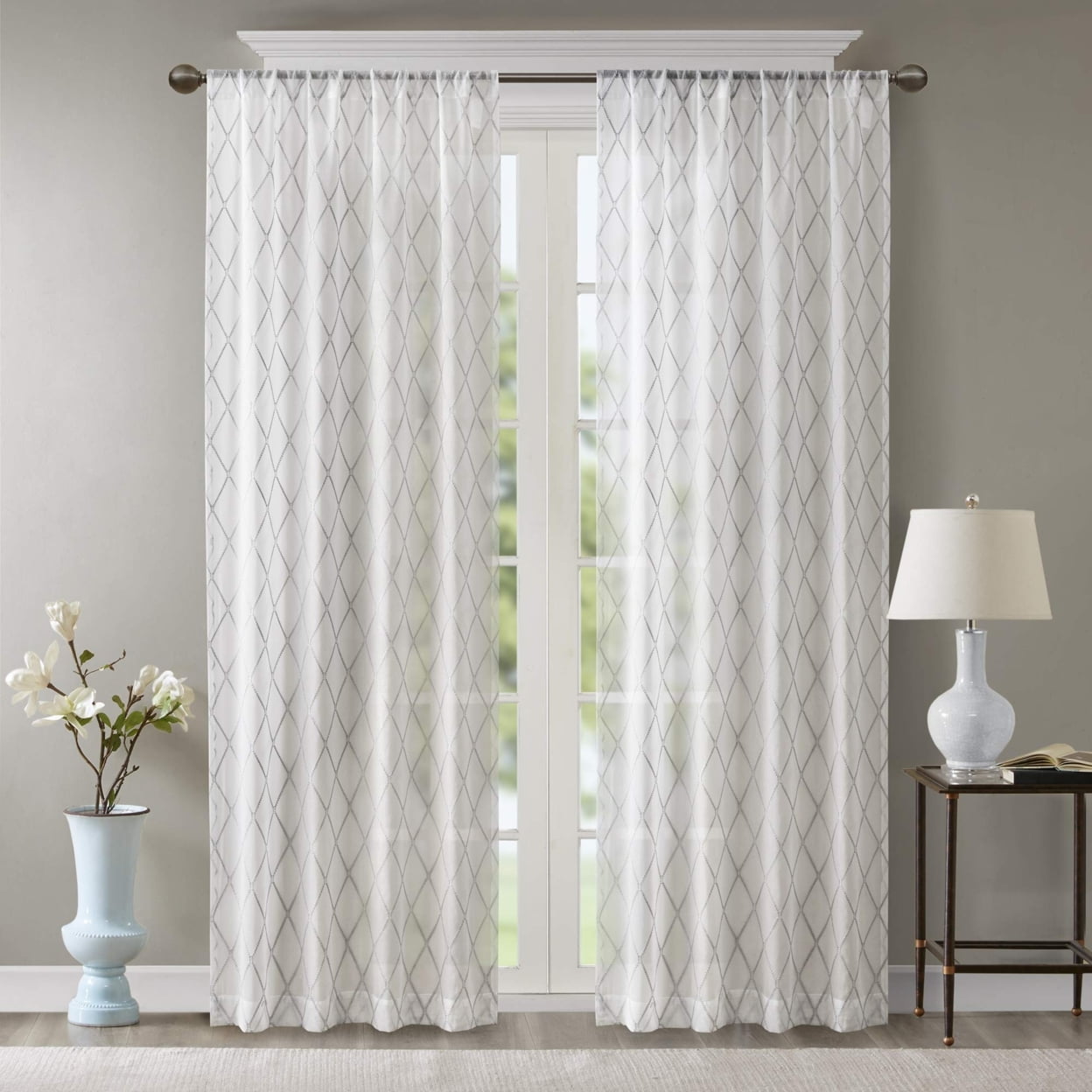 Gray Sheer Embroidered Diamond Rod Pocket Curtain Panel
