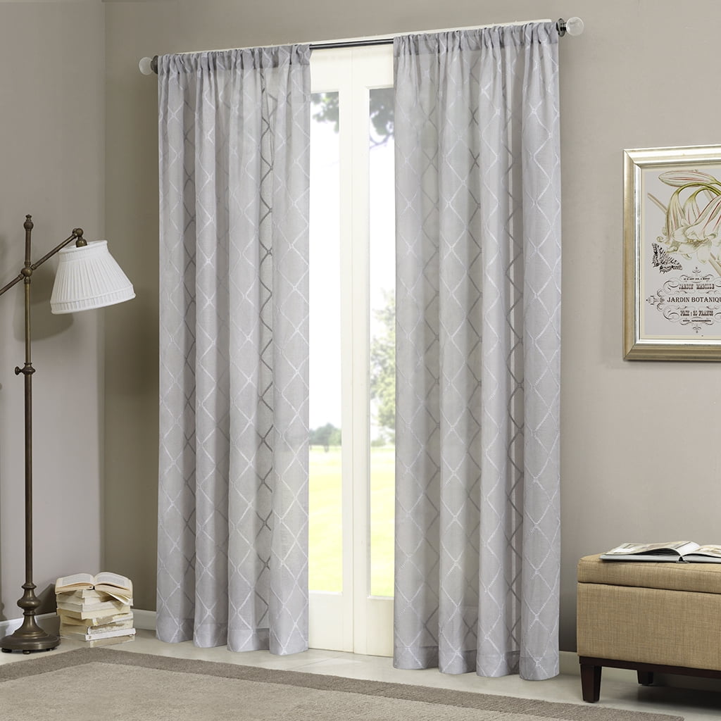 Gray Sheer Embroidered Rod Pocket Window Curtain Panel
