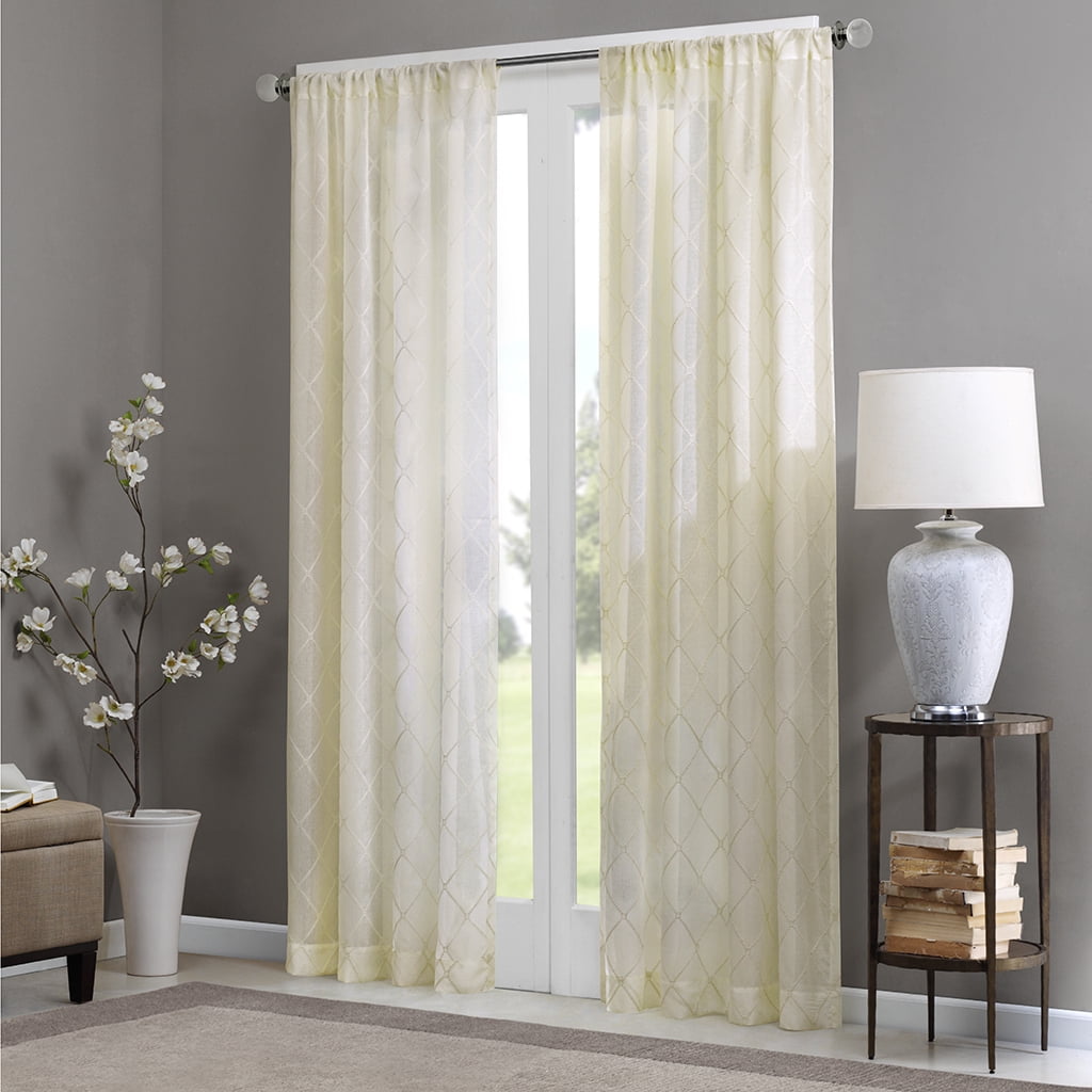 Ivory Diamond Embroidered Sheer Rod Pocket Curtain Panel