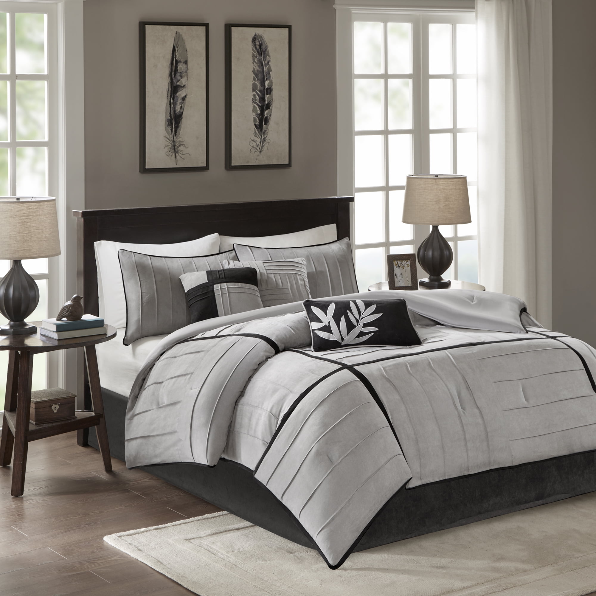 Gray Full Microsuede 7-Piece Comforter Set with Decorative Pillows