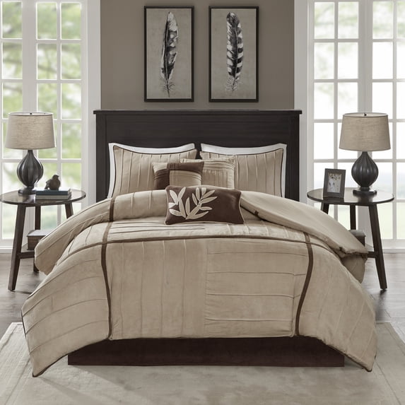 Madison Park Cal King Faux Suede Comforter Set 7-Piece Blocks Design Pieced All Season Bedding Set, Beige