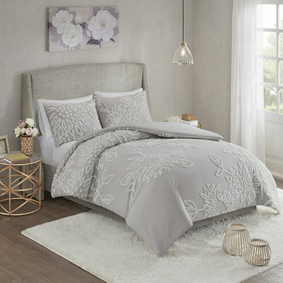 Home Essence Danica Warm Grey/White 3 Piece Tufted Cotton Chenille Floral Duvet Cover Set