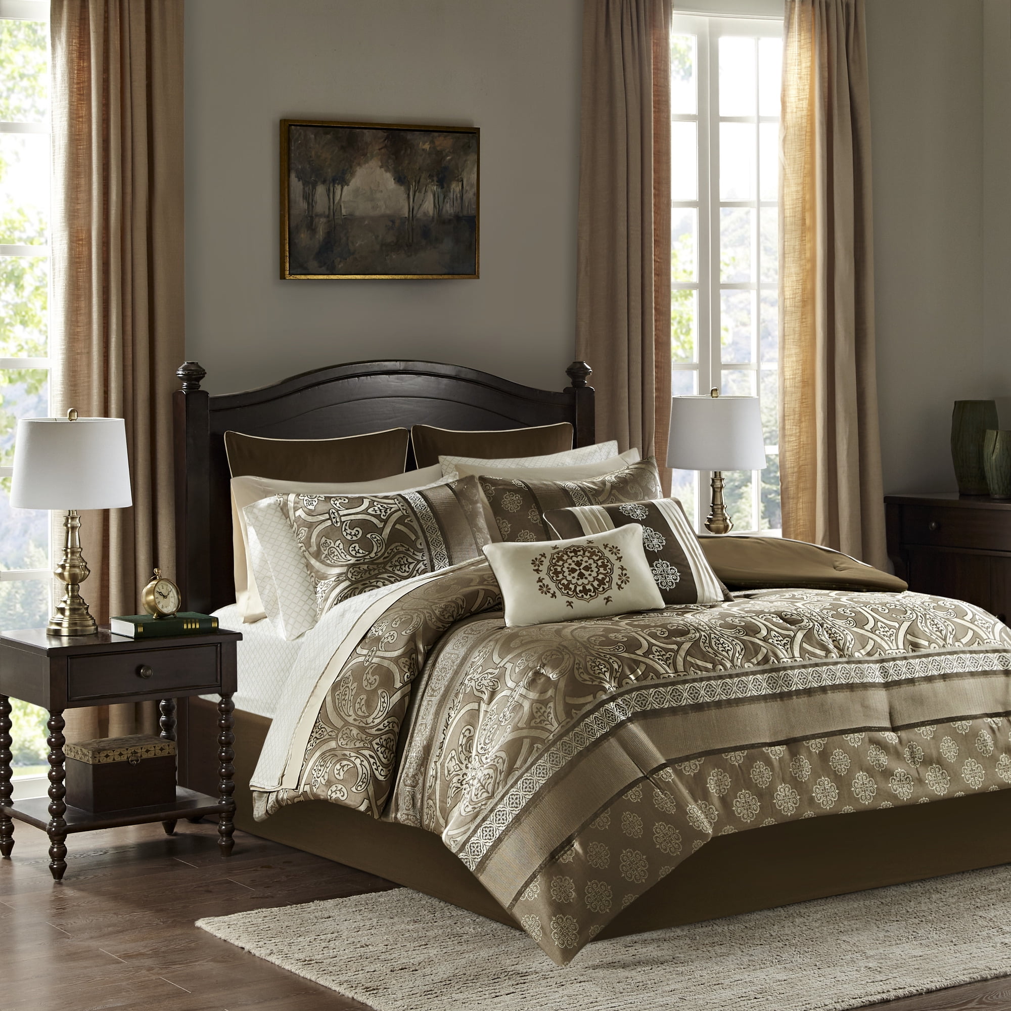 California King Brown Microfiber Reversible Jacquard Bedding Set