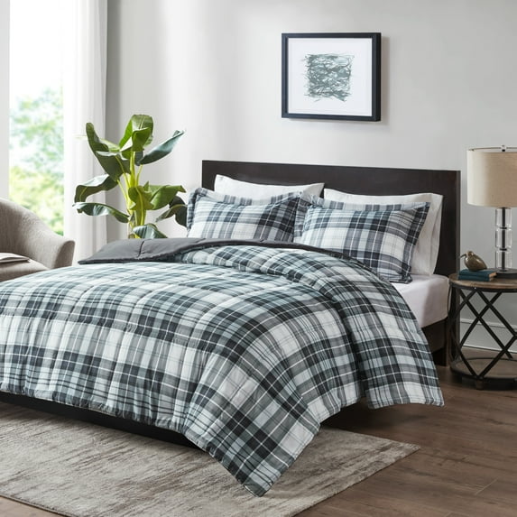 Home Essence Down Alternative 3 Piece Plaid Comforter Set, King/Cal King, Black