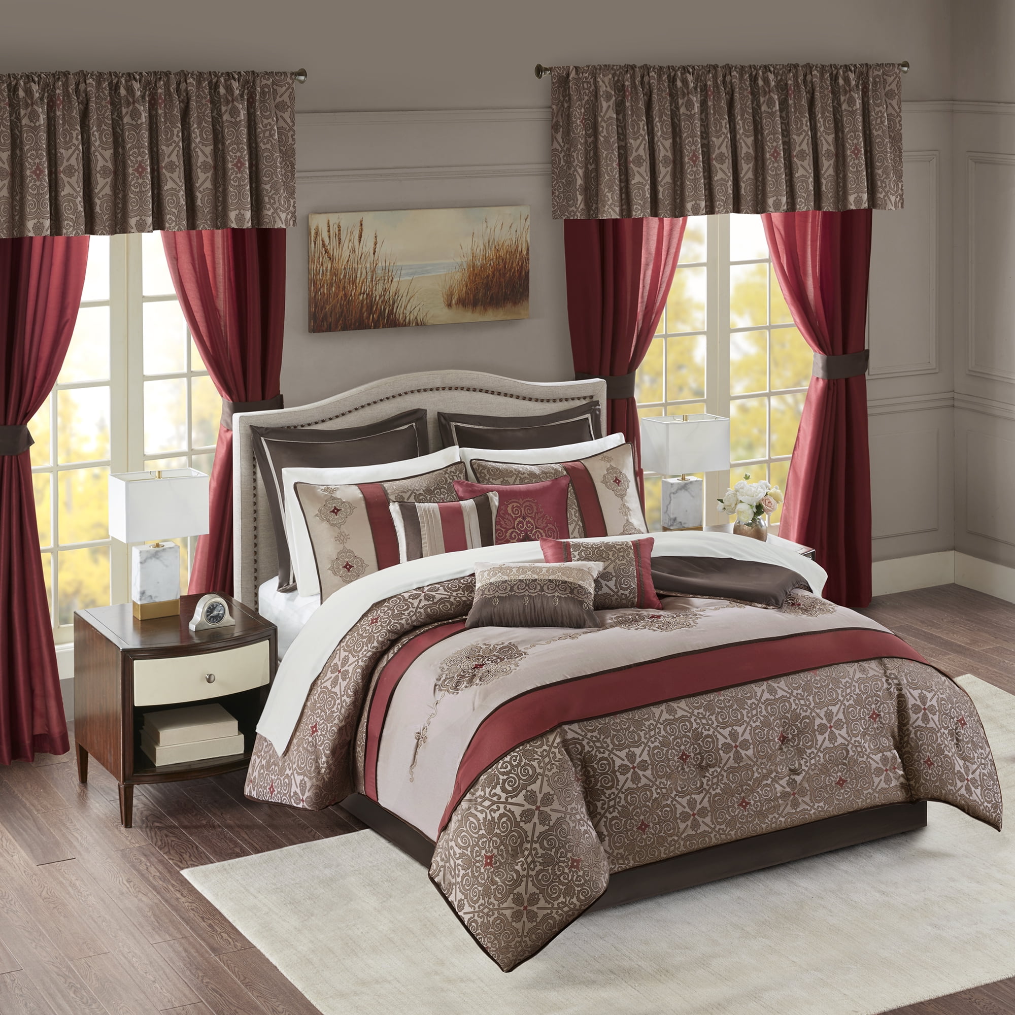 Red Jacquard Queen 24-Piece Microfiber Bedding Set
