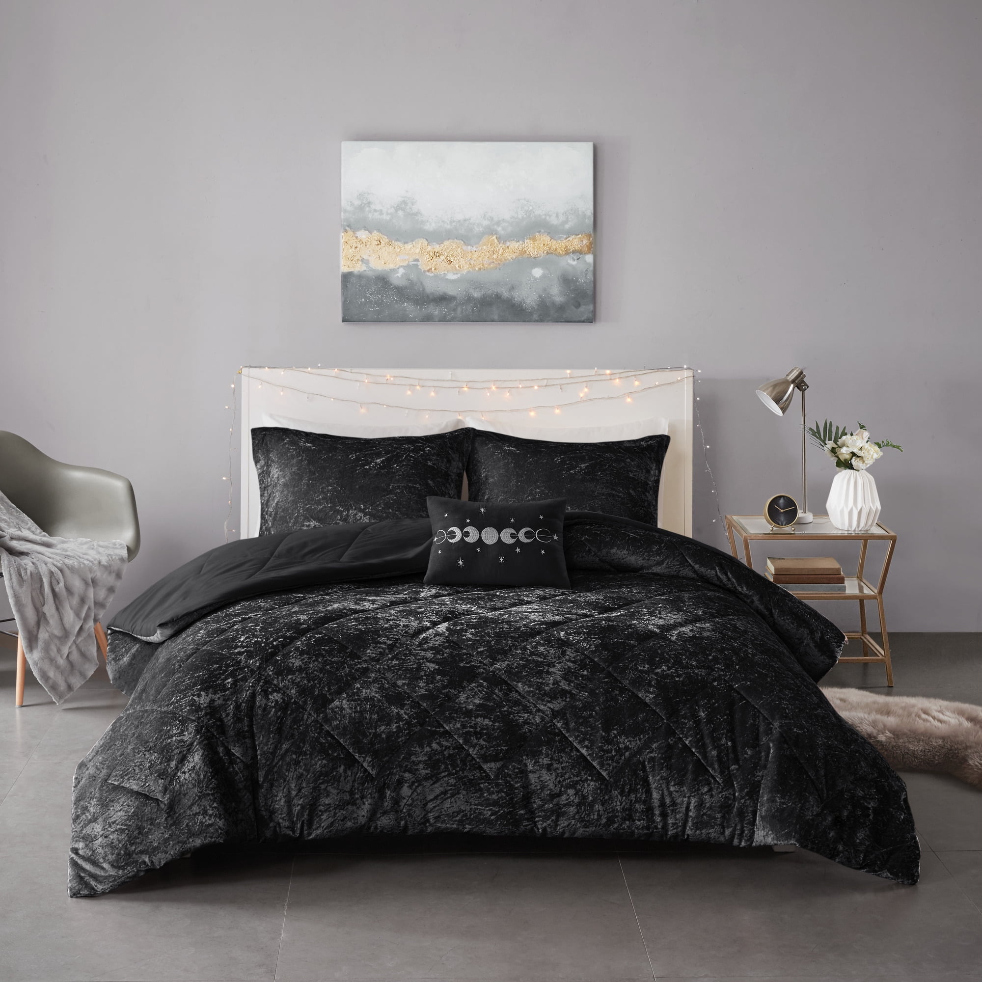Home Essence Faux Fur 3 Piece Black Comforter Set, Twin/Twin XL