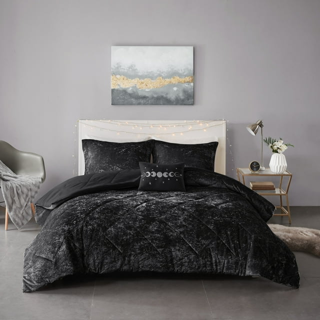 Home Essence Faux Fur 3 Piece Black Comforter Set, Twin/Twin XL
