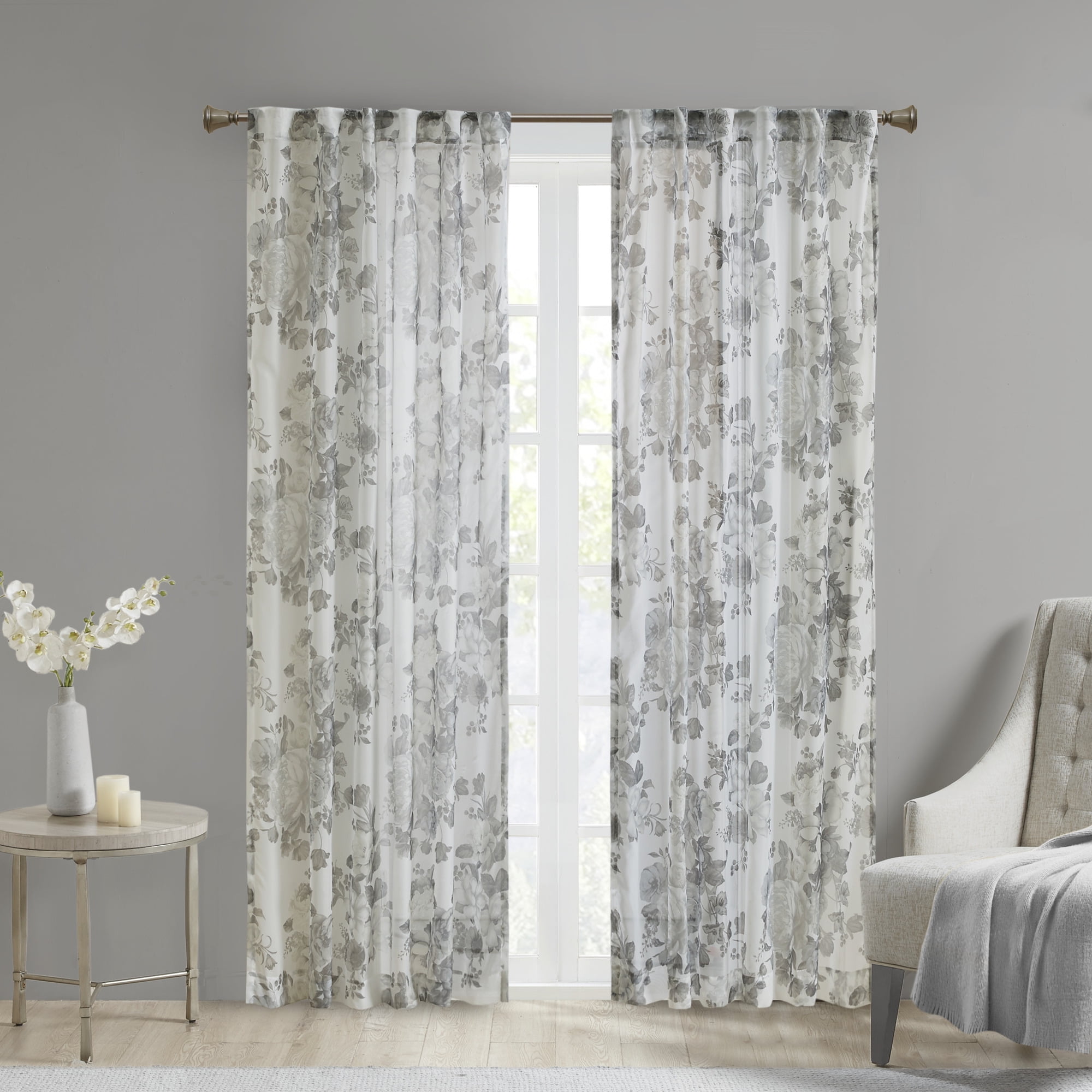 White Floral Sheer Rod Pocket Back Tab Curtain Panel