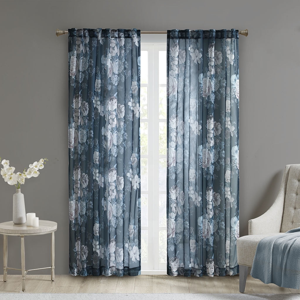 Navy Floral Sheer Rod Pocket Back Tab Curtain Panel