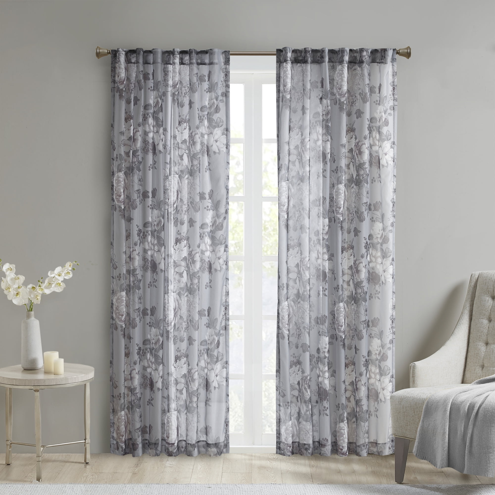 Gray Floral Sheer Rod Pocket and Back Tab Curtain Panel