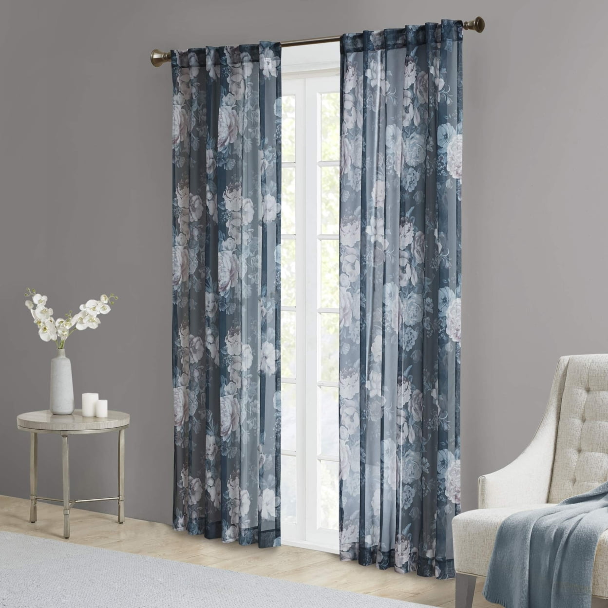 Navy Floral Sheer Rod Pocket Back Tab Curtain Panel