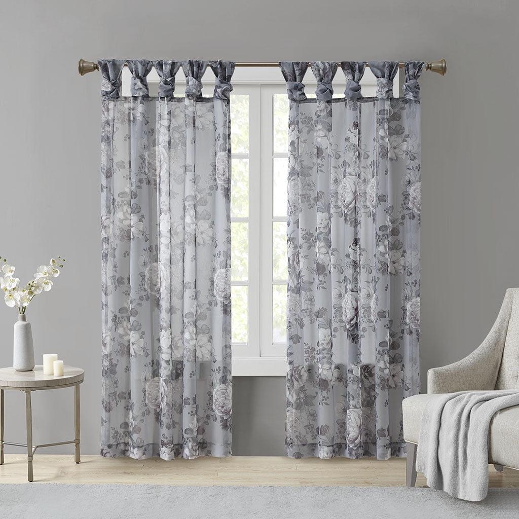 Gray Floral Twist Tab Top Sheer Polyester Curtain Panel