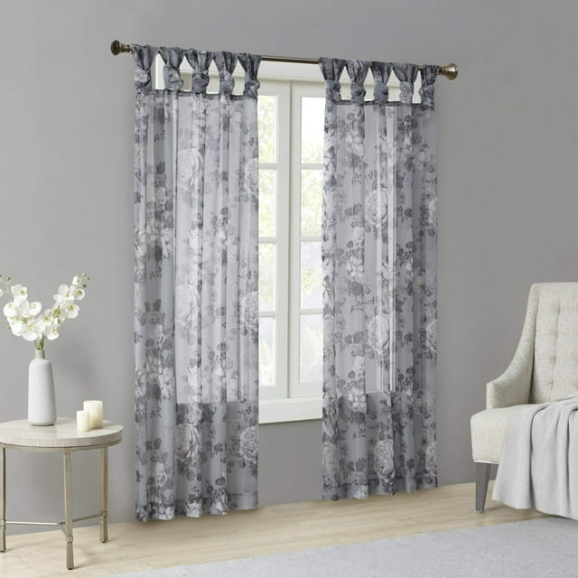 Madison Park Simone Printed Floral Twist Tab Top Voile Sheer Curtain in ...