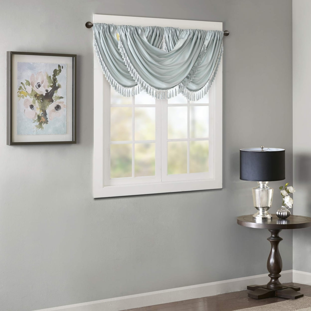 Dusty Aqua Faux Silk Waterfall Valance with Tassel Trim
