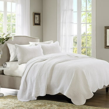 Home Essence Genoa 3 Piece Reversible Scalloped Edge Coverlet Set, White, King/Cal King