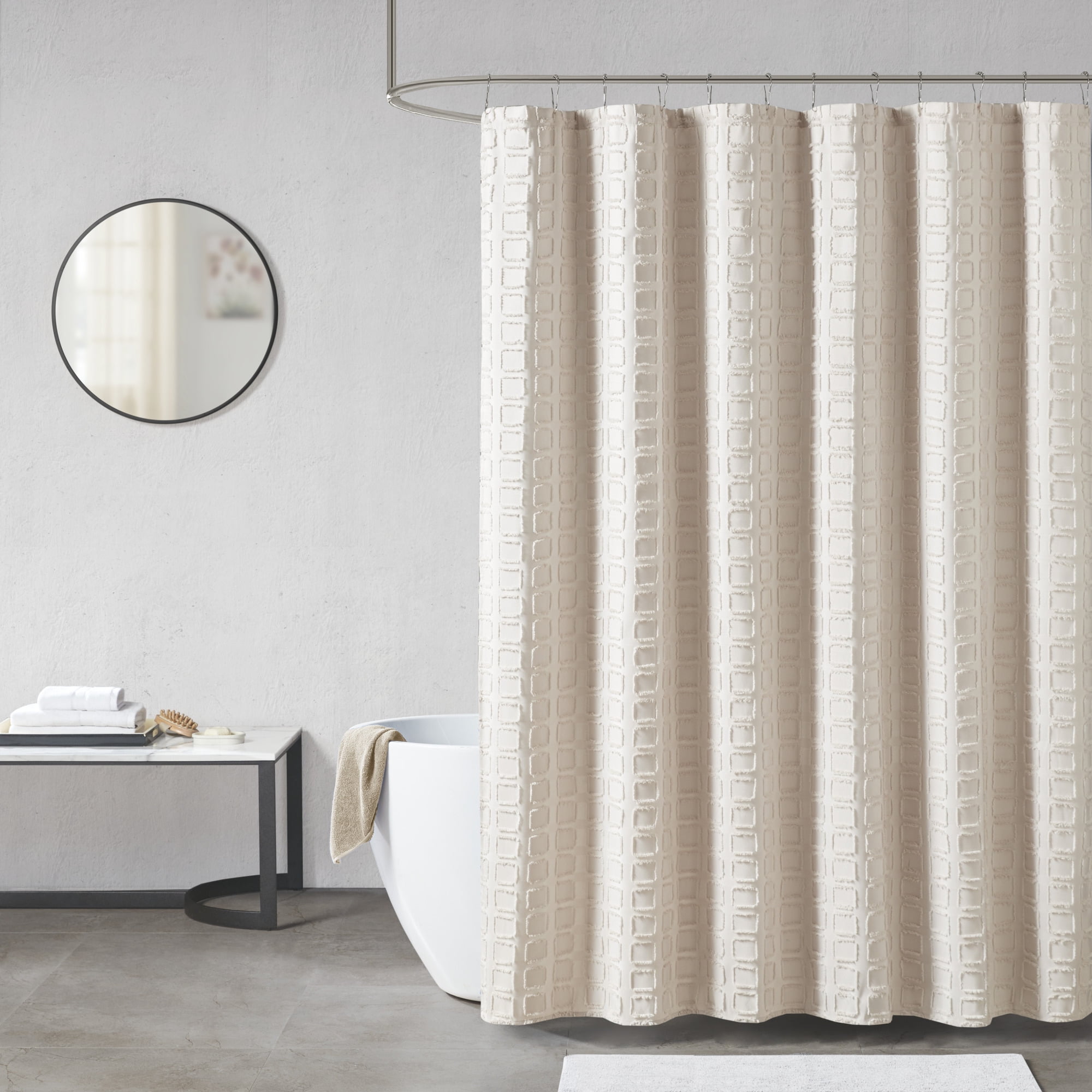 Cream Woven Geometric Textured Shower Curtain